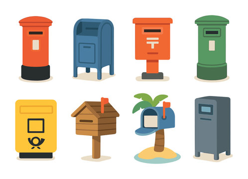 Global Mailbox Icons. Flat vector mini-illustrations of mailboxes around the world in colors children's