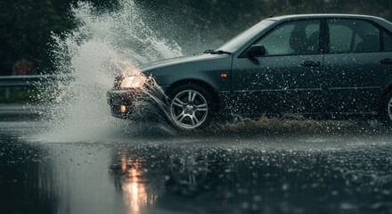 Car splashing through a deep puddle on a rain-soaked road.