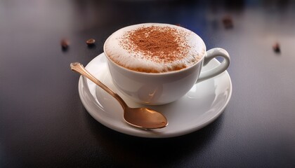 Fototapeta premium creamy cappuccino in elegant white cup with saucer and spoon sits on sleek surface topped with rich foam and cocoa good for coffee breakfast or cozy lifestyle projects with warm inviting appeal