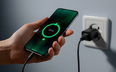 hand holding sleek mobile phone with bright green battery charge display