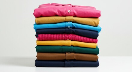 Neatly stacked pile of colorful folded shirts, showcasing various shades and textures.