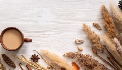 cozy autumn flat lay with a brown ceramic mug of creamy coffee framed by rustic dried flowers on a white wooden tabletop with copy space