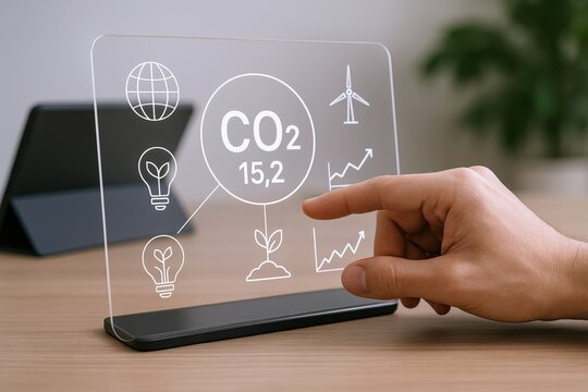 Reducing Carbon Footprint: Hand Interacting with Transparent Screen Displaying CO2 Reduction Concepts and Green Energy Growth