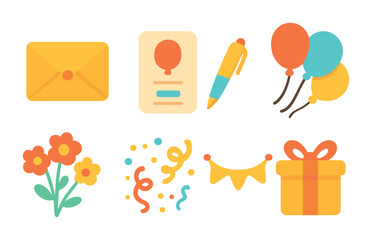 Colorful Party Icons. Flat vector mini-illustrations party invitations and cards in colors children's
