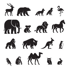 Animal Silhouettes Collection, Wildlife and Safari Animals  Vector Illustration Set
