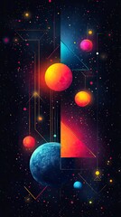 Colorful planets and geometric shapes float in dark space, connected by bright lines against a star field