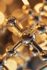 Close up of complex shiny molecule structure showing golden spheres connected with rods on white background