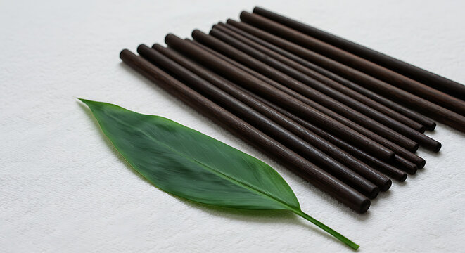 A minimalist flat lay composition featuring a set of dark brown wooden or bamboo chopsticks neatly arranged on a white textured fabric background.  - Powered by Adobe