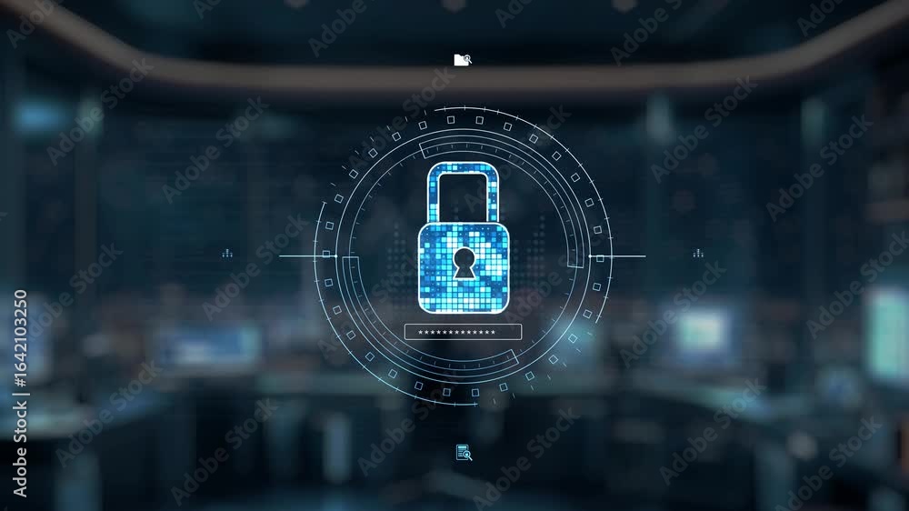 Poster a robotic arm points towards a digital lock icon, symbolizing the convergence of robotics and cybers