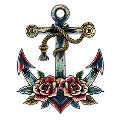 Detailed drawing of nautical anchor with roses and rope on a white background