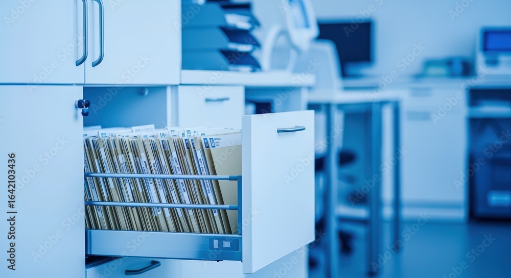Poster filing cabinet drawer open with organized files in office setting, documents and information managem