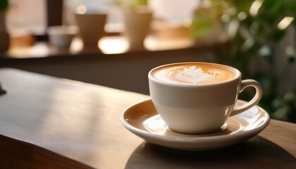 Fototapeta premium coffee cup with latte art on saucer indoors serene atmosphere