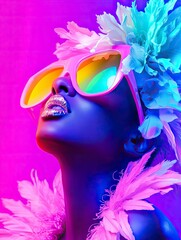 Woman with pink sunglasses, flowers, and silver lips against a vibrant background