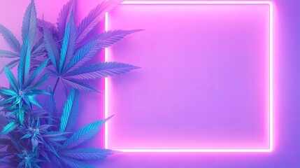 Isolated marijuana plant with neon square frame on a bright white background