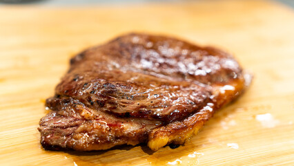 Juicy rare beef steak with perfect sear and appetizing pink center. Succulent meat showcase for gourmet photography, butchers, and premium restaurant marketing