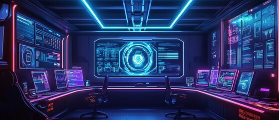 Futuristic control room with screens and glowing neon lights in blue and purple.