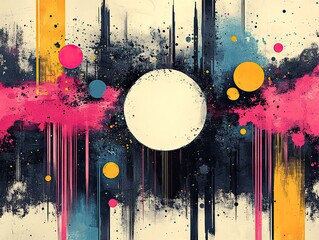 Abstract painting with colorful circles, vertical lines, and splattered ink on a white background