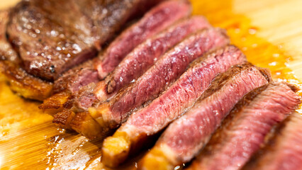 Juicy rare beef steak with perfect sear and appetizing pink center. Succulent meat showcase for gourmet photography, butchers, and premium restaurant marketing