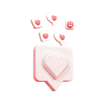 Like notification icon, Social media notification icon with heart symbol on pink background. 3d illustration