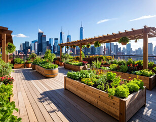 Fototapeta premium Rooftop Urban Garden with City Skyline Backdrop and Wooden Planters Under Sunny Skies