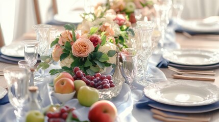 Fototapeta premium Bright Rosh Hashanah table with apples, honey, challah. Jewish holiday concept