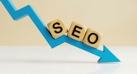 SEO concept with wooden cubes and blue arrow showing downward trend on white background