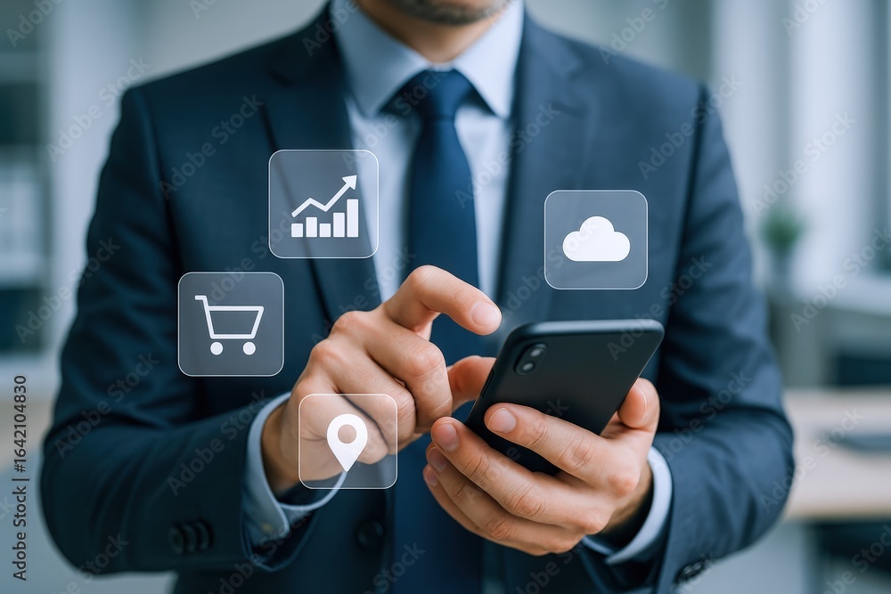 Poster businessman using smartphone with business and financial icons, data analytics and cloud computing t