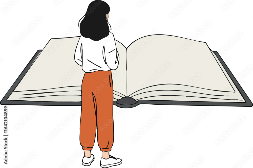 Poster woman standing in front of an open book reading knowledge and learning concept vector illustration