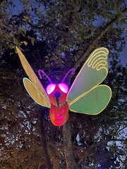 Glowing illuminated giant insect lantern with vibrant green wings and bright purple eyes hanging in a tree at night, creating a whimsical and colorful outdoor festival decoration