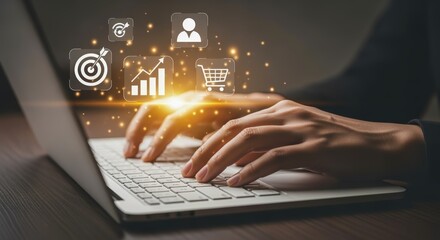 Hands on Laptop: Digital Marketing Strategy, Online Business Growth, and E-commerce Success Illustration