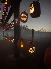 Glowing carved jack-o’-lanterns hanging in rows at dusk, creating a spooky and festive Halloween atmosphere under the night sky