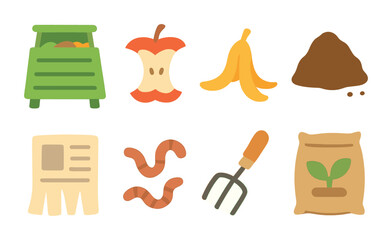 Home Composting Icons. Flat vector mini-illustrations composting at home in colors children's illustrations: