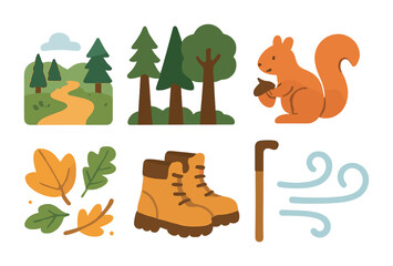 Woodland Adventure Icons. Flat vector mini-illustrations walking in the woods in colors children's