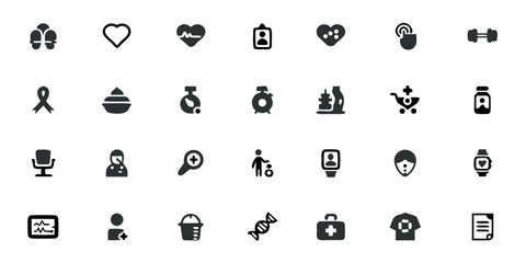 Fototapeta premium Patient Monitoring Icons Solid Black Vector Set – Healthcare Tracking, Medical Outcomes, Clinical Study, and Wellness Pictograms
