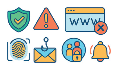 Kids Cryptocurrency Safety Icons. Flat vector mini-illustrations cryptocurrency safety for kids in colors