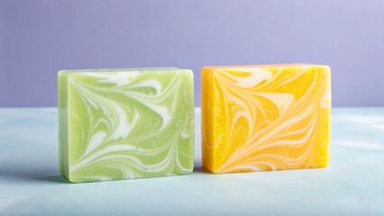 Two artisanal handmade soaps with swirling patterns in green and yellow colors
