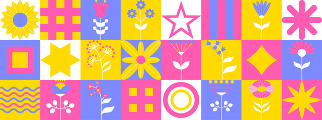 A vibrant geometric design showcases various flowers and shapes in pastel pink, yellow, and blue hues, creating a cheerful and artistic atmosphere ideal for creative projects.