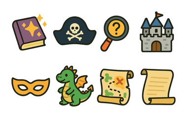 Children's Book Club Icons. Flat vector mini-illustrations themed book club events in colors children's