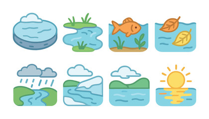 Seasonal Freshwater Icons. Flat vector mini-illustrations seasonal changes in freshwater habitats in colors