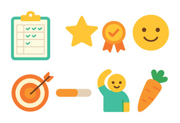 Kids' Goal Tracker. Flat vector mini-illustrations healthy weekly goals tracker in colors children's