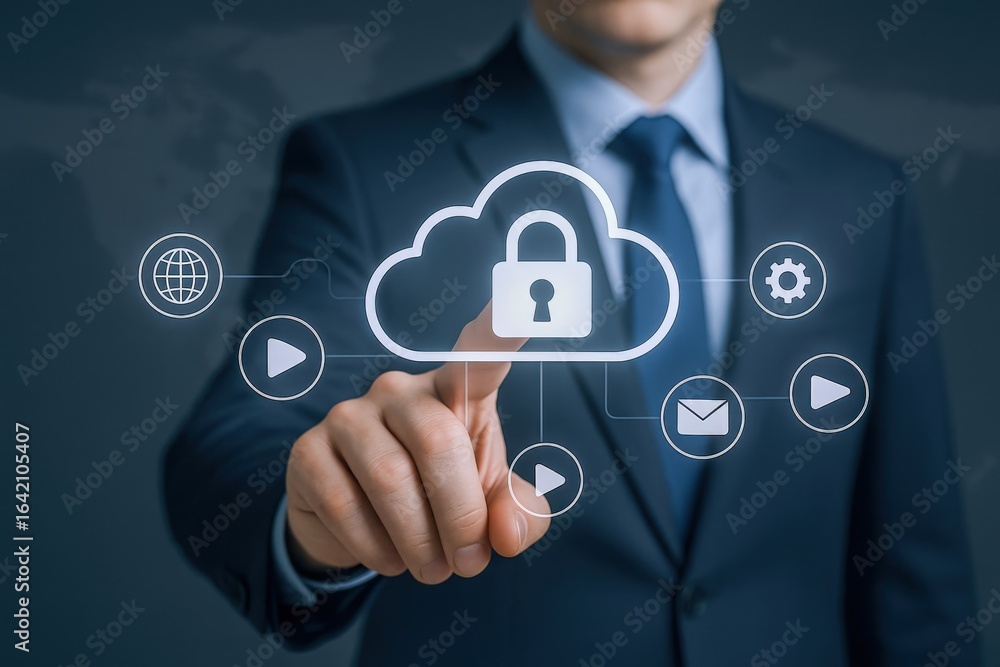 Poster cloud security concept: man in suit interacting with secure cloud technology interface and data prot