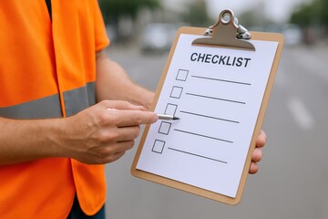 Construction Worker Holds Clipboard with Checklist, Demonstrating Safety and Organization on a Roadside Jobsite