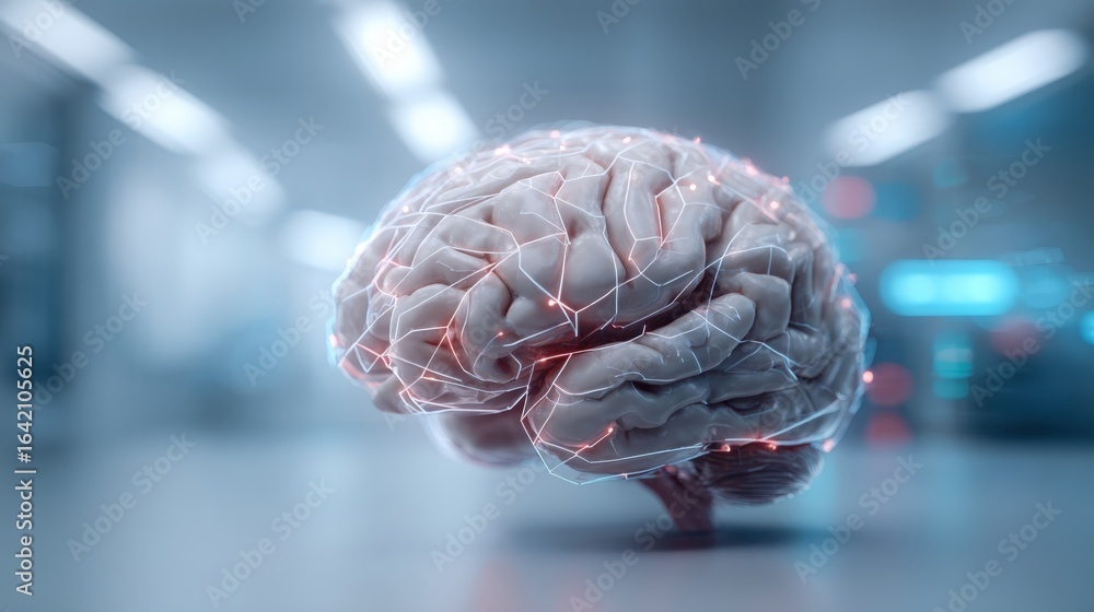 Poster human brain model with neural network connections displaying intelligence, science, and artificial i