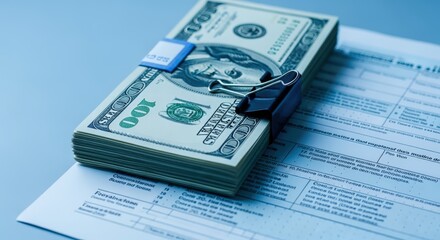 Stack of Hundred Dollar Bills Secured with a Clip on Top of Tax Form Document