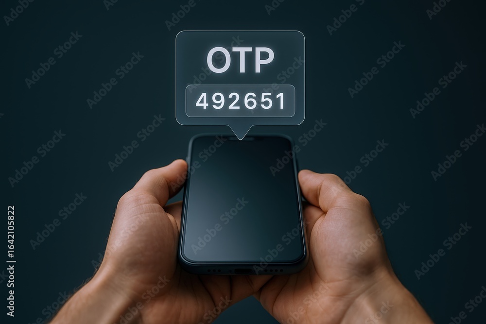 Poster Hands Holding Smartphone Displaying One-Time Password (OTP) for Secure Authentication and Transaction Verification