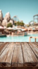 Obraz premium Empty wooden table on blurred water park background. Outdoor party mockup, product design and demonstration.