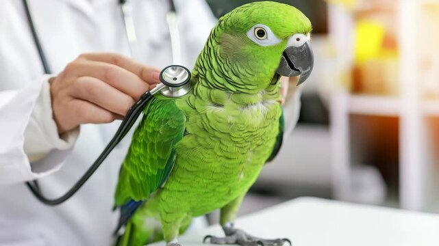 A vet wearing white coat examining bright green parrot using stethoscope. The parrot is perched on white surface. The vet is listening to bird's heartbeat during checkup in clinic