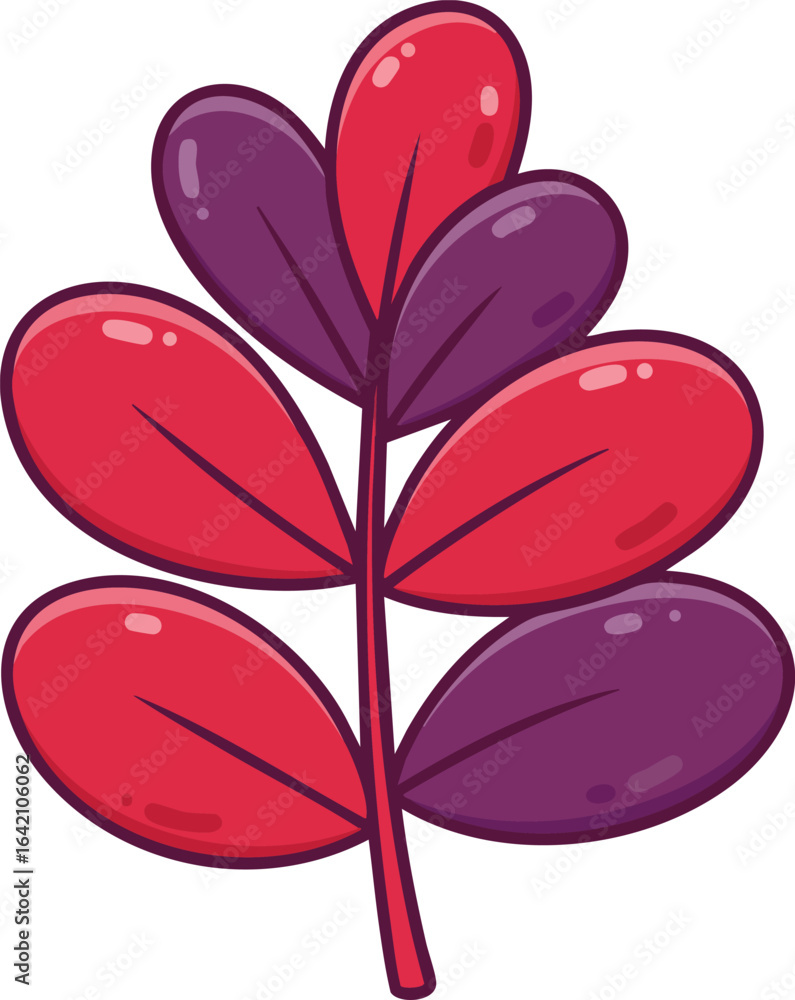 Poster red and purple abstract leaf branch vector illustration with glossy effect and smooth shapes