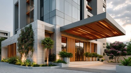 Obraz premium Luxury residential apartment building modern architecture with glass and stone warm colors, exquisite design with green entrance