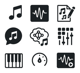 Music AI Icon Set. Flat icon set of music generation AI: music notes, waveform icon, melody creator, prompt-to
